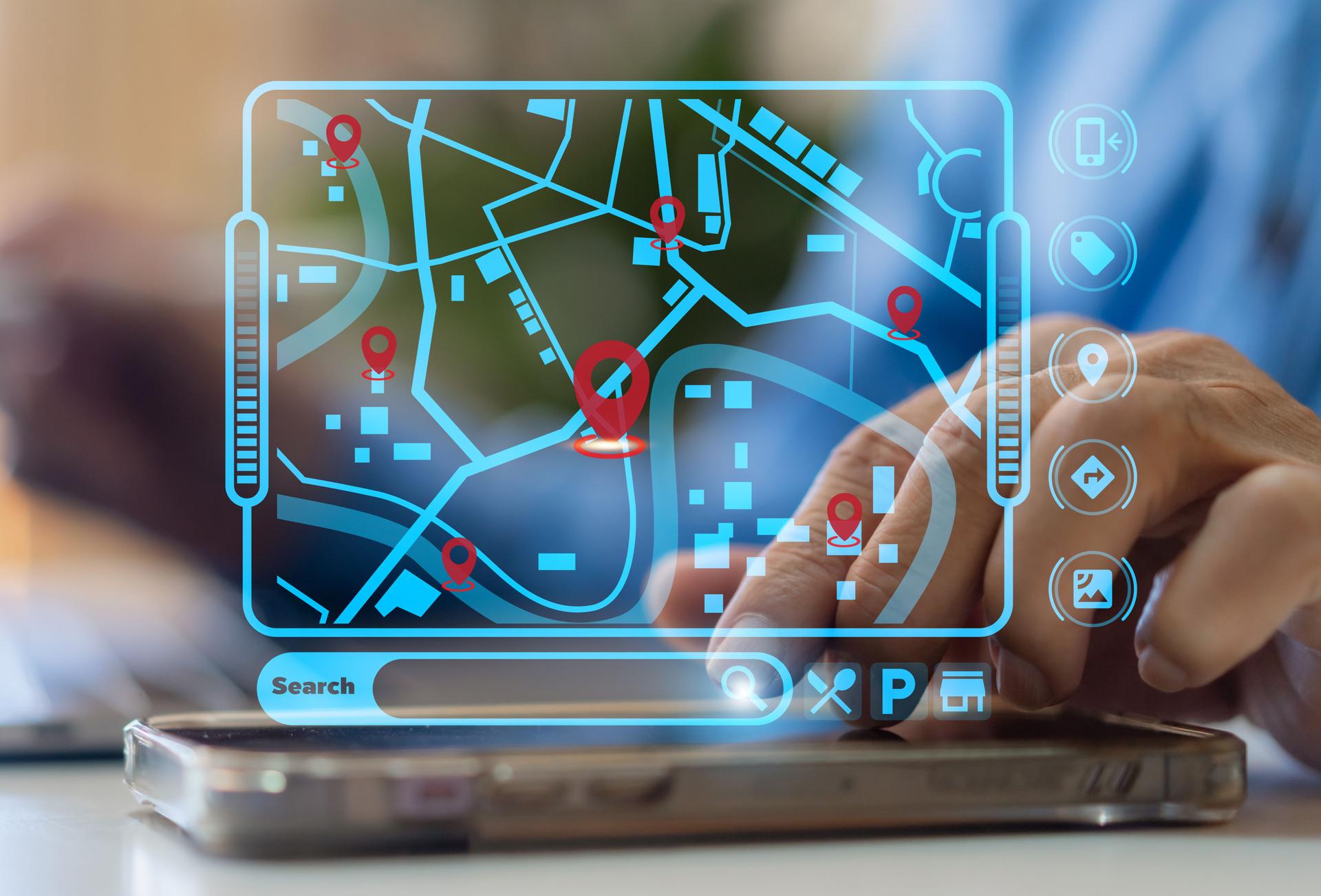Technology smart navigation and location tracking with professional hand interacting with futuristic GPS map interface locations of services, delivery, travel app, logistics and transportation